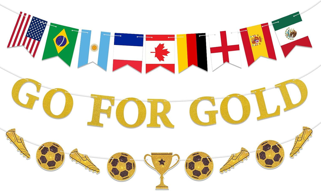 2026 Go for Gold Soccer Event Banner, Golden Shiny Banner Sports Party Decorations with National Flags, Hanging Streamer Backdrop for Soccer & Sports Events Supplies