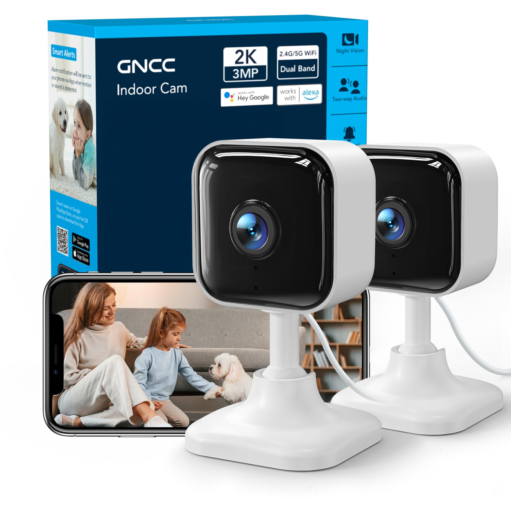 GNCC 2K Indoor Cameras for Home Security with Phone App, 2.4G/5G Mini Pet Cam w/Human/Motion/Sound Detection, Compatible with Alexa, Cloud Storage Optional, Fixed View, Plug-in, 2 Pack (Copy) (Copy) (Copy)