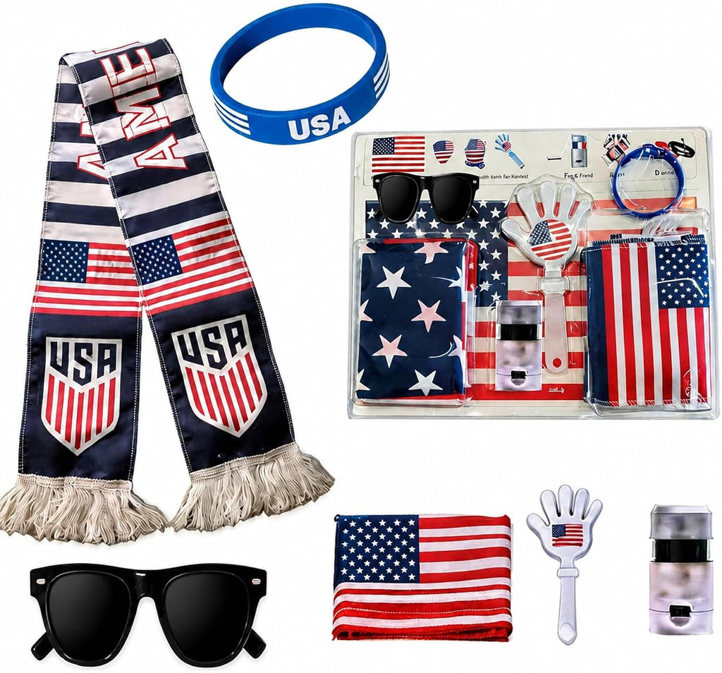2026 USA Soccer Fan Kit 6 Piece Set, World Cup Football Party Gear with Patriotic Scarf, Flag, Face Painting Accessory, Hand Paddle, Wristband, Soccer Fans Game Day Accessories