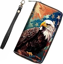 Patriotic American Flag Bald Eagle Wallet for Women with Credit Card Holder Coin Money Clip PU Leather Zip Around Clutch Wallet