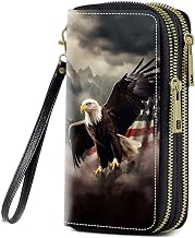 American Flag Bald Eagle Print Women Large Capacity Wallet PU Leather Double Zipper Clutch Purse for Smart Phone/Card/Coin/Cash