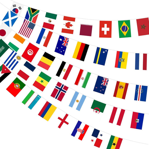 AhfuLife 48 Countries World Flag String Flags for World Cup Decorations, Double Sided Fabric Nations String Banner for Olympic Soccer Bar Club Garden Street Sports Party Decor (1 Pack, 7.9" x 11" - 68.9 Ft)