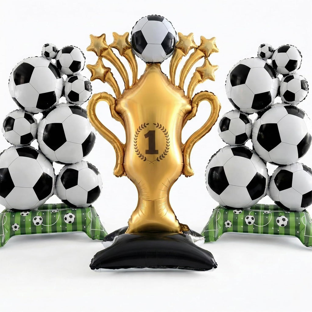 3 Pcs Giant Soccer Party Decorations - 59" Gold Trophy & Standing Foil Balloons Set - Sports Birthday Party Supplies for Boys, 2026 for World Cup Decor
