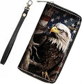 Patriotic USA Flag Bald Eagle Wallet for Women with Credit Card Holder Coin Money Clip PU Leather Zip Around Clutch Wallet