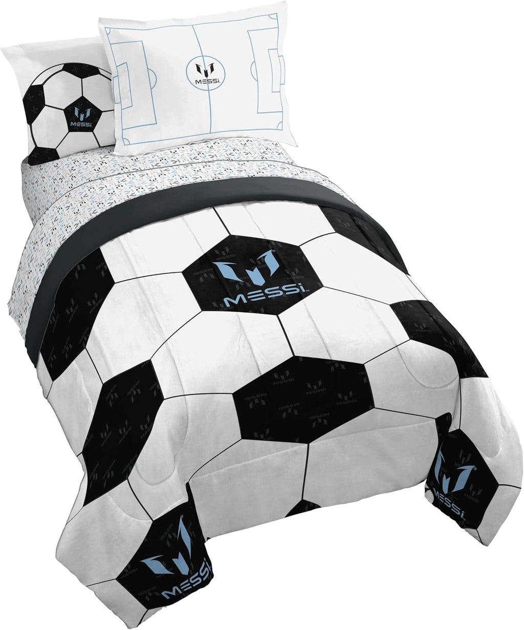 Jay Franco Kids Comforter Set Includes Sheets and Pillow Cover - Soft and Cozy Bed Set for Stylish Room Décor, White - Messi, 5 Piece Twin