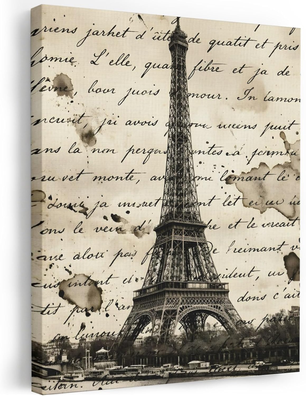 Paris Tower Framed Wall Art, Nostalgic Retro Travel Brown Romantic City Vintage Script Canvas Prints, Stretched Wall Decor Artwork for Living Room Bedroom Office, Ready to Hang, Made in USA, 20"x24"