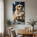 Dog Drink Iced Coffee Wood Canvas Wall Art, Large Wall Decor for Living Room Bedroom, City Sidewalk Modern Funny Animal Canvas Prints Artwork Ready to Hang Home Decor, Housewarming Gift 30''x60''