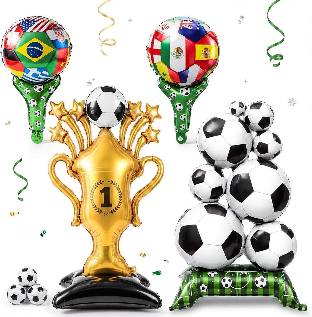 4 Pcs Soccer Balloons Party Decorations, 4.9ft Giant Self Standing Soccer Gold Champion Trophy Foil Balloons 1.5ft International Flag Cheer Balloon for World Tournament and Event Decor