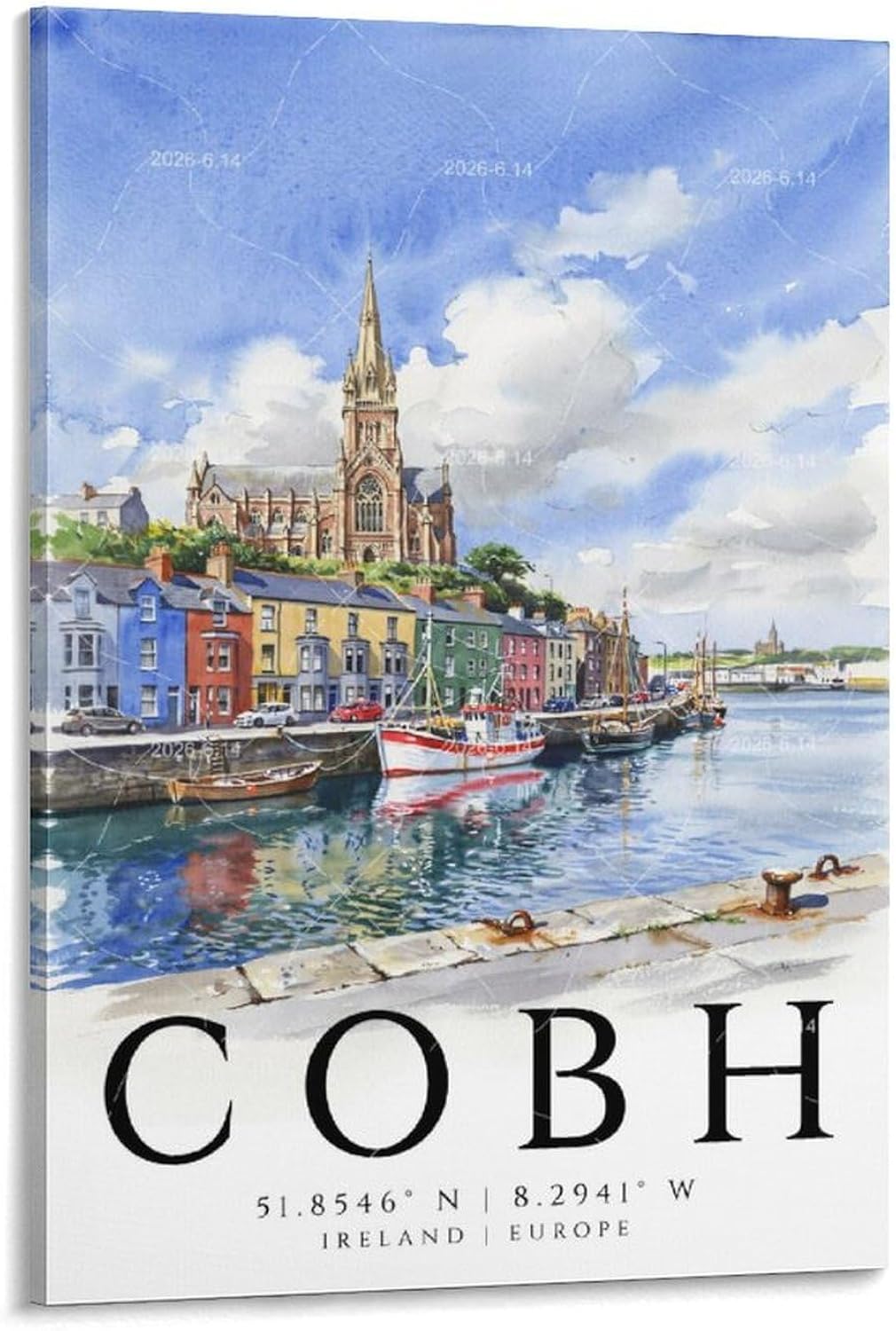 LRPJYIE Cobh Watercolor Poster Vintage City Travel Wall Art HD Print 16x24inch(40x60cm) High Definition Iconic Urban Landscape Scenic Decor for Living Room Bedroom Office