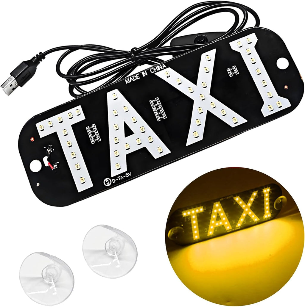 DXNQ Taxi LED Sign Decor, 5V USB Bright Taxi Led Windscreen Cab Indicator Lamp Signal, Vibrant Taxi LED Sign Decor with Transparent Suction Cups for Driver (Yellow, USB)