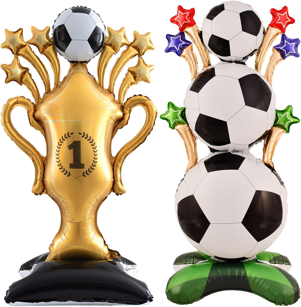 2 Piece 62 Inch Self Standing Soccer Balloons Champion Trophy Balloons, Giant Soccer Trophy Mylar Balloon, for Soccer Event Birthday, Game Day, Sports Competition Theme Decorations