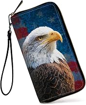 Womens Wallet, Large Capacity PU Leather RFID Blocking Wristlet Wallets C Bald Eagle Flag Design for Women Ladies Men Credit Card Holder Zipper Wallet Phone Holder Clutch Travel Purse