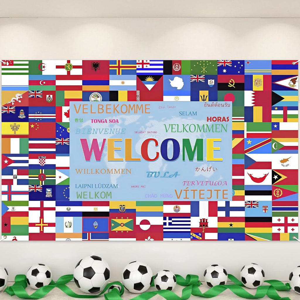 World Cup Backdrop 2026 International Country Flag Welcome Banner Soccer Merchandise Football Decorations Background for Classroom,Office,Sport Event,Home Party Decor,Photo Booth Studio Props 71×43In