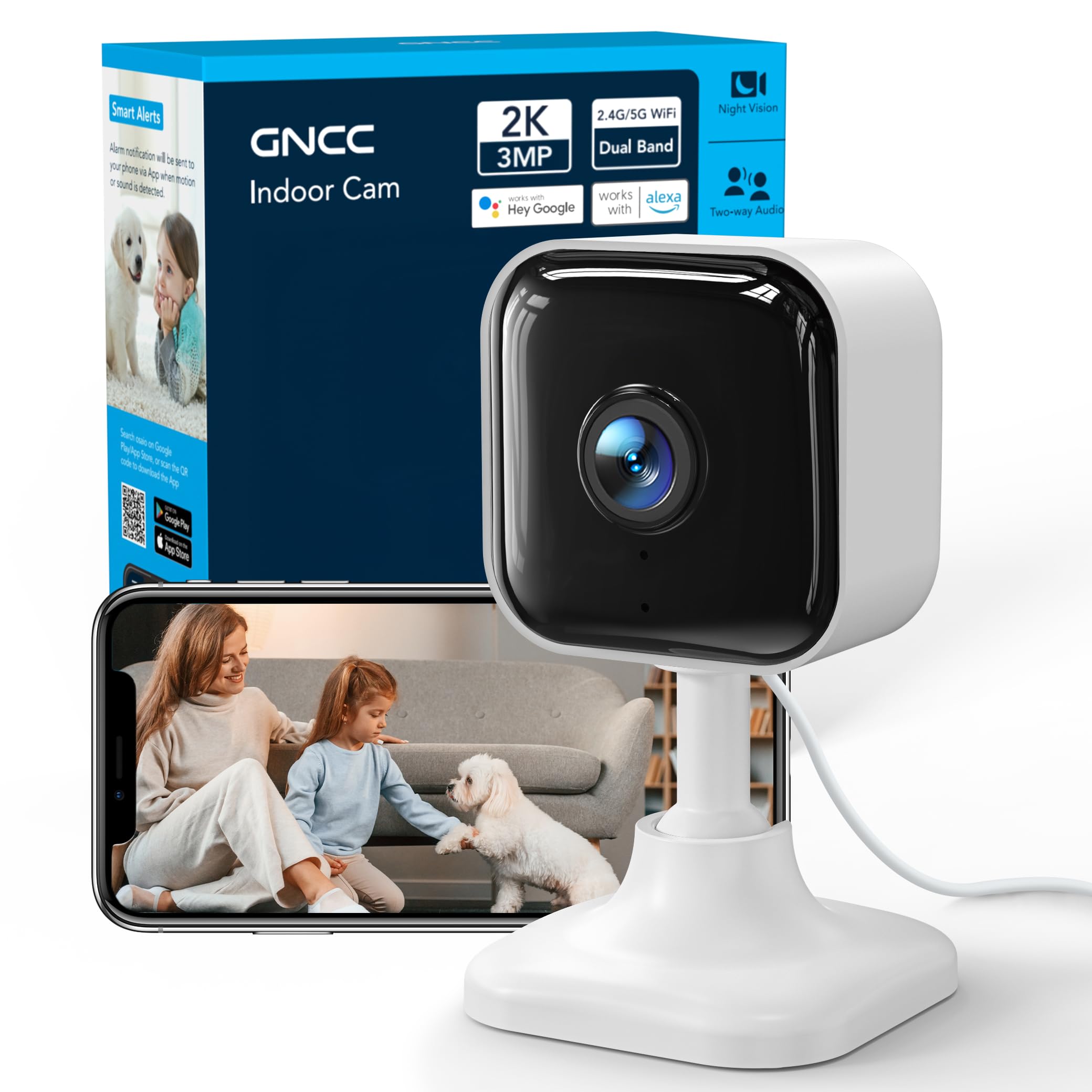 GNCC 2K Indoor Cameras for Home Security with Phone App, 2.4G/5G Mini Pet Cam w/Human/Motion/Sound Detection, Compatible with Alexa, Cloud Storage Optional, Fixed View, Plug-in, 2 Pack (Copy) (Copy) (Copy)