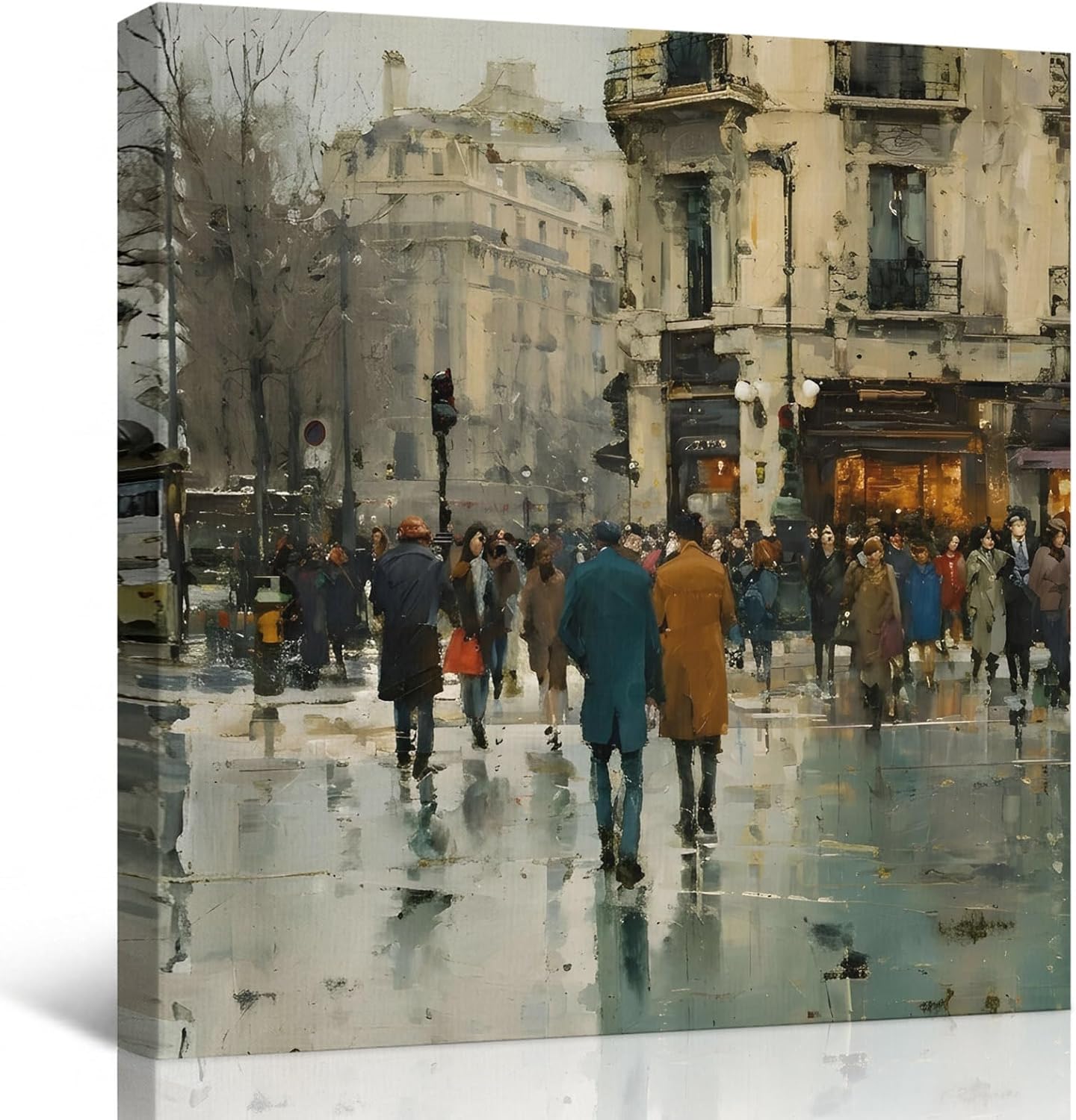 Rainy Street Framed Wall Art, Vintage Classic City Crowd Earthy Brown Urban Life Canvas Prints, Stretched Wall Decor Artwork for Living Room Bedroom Office Home, Ready to Hang, Made in USA, 10"x10"