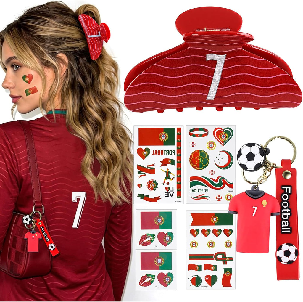 World Cup Merchandise Gifts Set: Crimson Wave No.7 Hair Claw Clip, World Cup Jersey Keychain & Portugal Flag Tattoos, Soccer Fan Accessories for Girls, World Cup Party Favors & Game Day Outfit