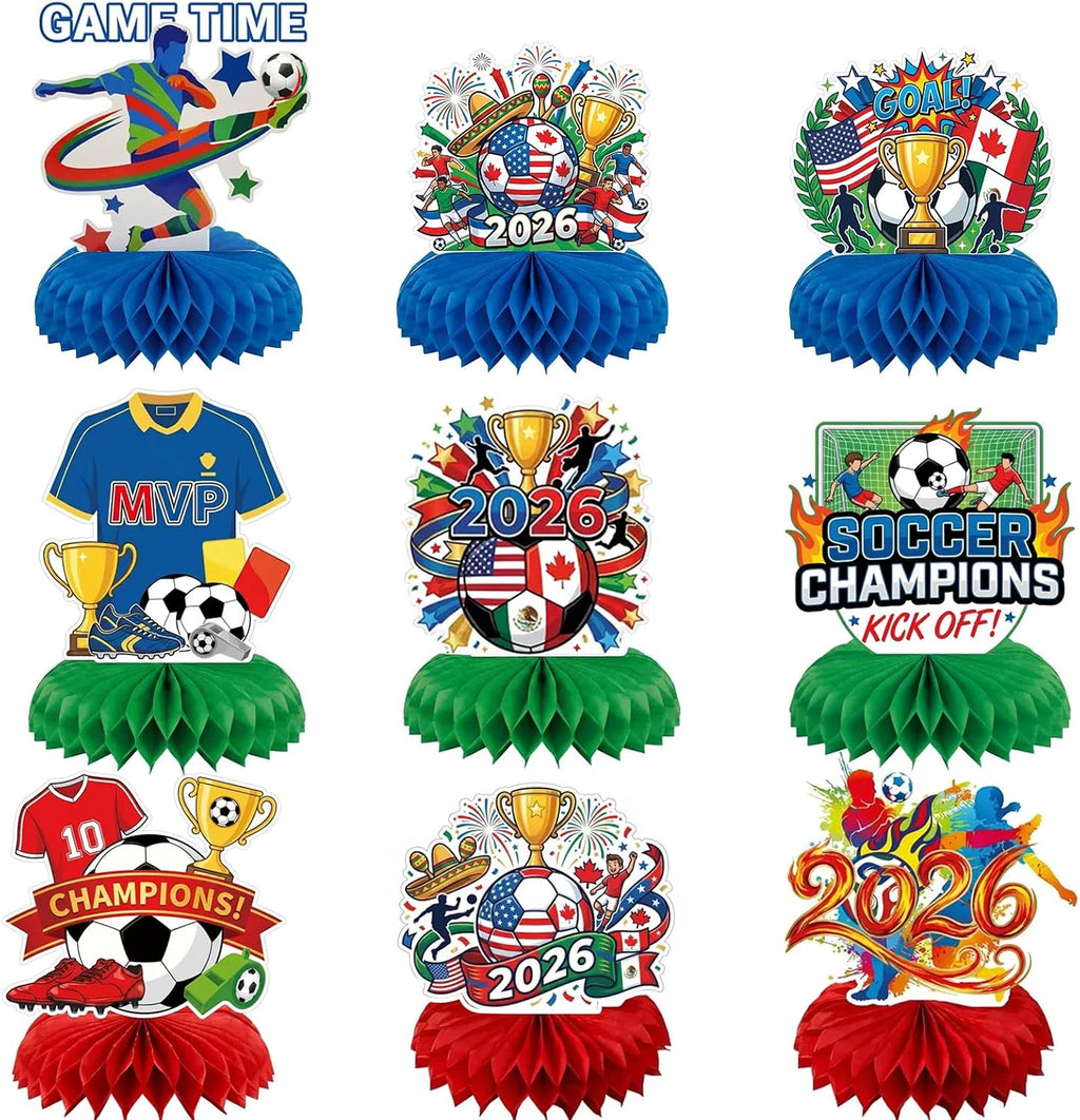 2026 World Soccer Cup Table Decorations, 9 Pcs 3D Double Sided Honeycomb Centerpieces,Themed Ornaments & Soccer Cups Decor for Football Sports Competition Party Supplies