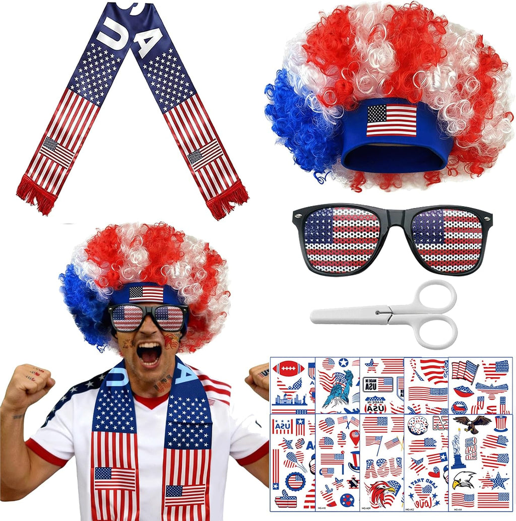 2026 World Cup USA Soccer Fan Scarf Set for Game Day Cheering, 4th of July & America's 250th Anniversary Costume Accessories Includes American Flag Scarf, Afro Wig, Glasses and Temporary Tattoos
