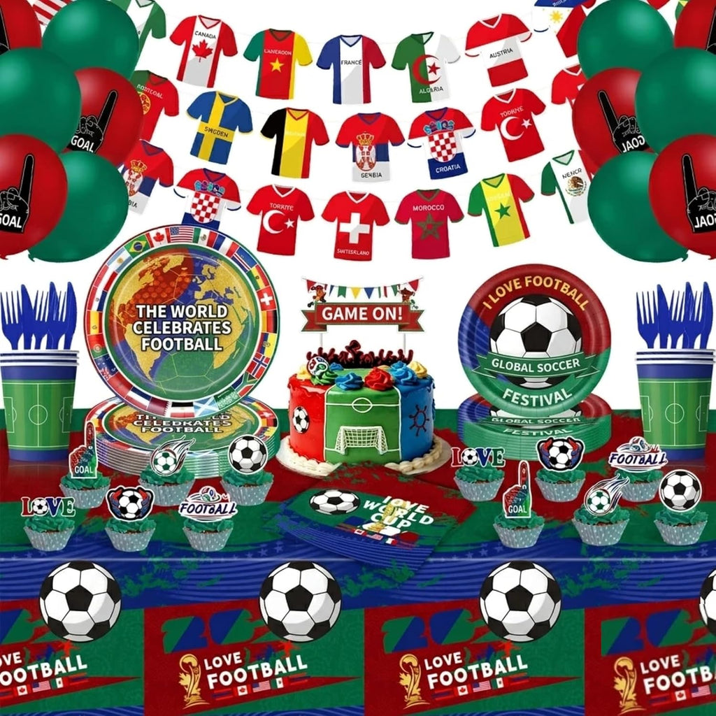 2026 Soccer Party Supplies Set - 154 Pcs Football Theme Birthday Decorations for Kids & Adults, Serves 10 - Includes World Cup Style Banner, Balloons, Plates, Cups, Napkins, Tablecloth, Cake Toppers