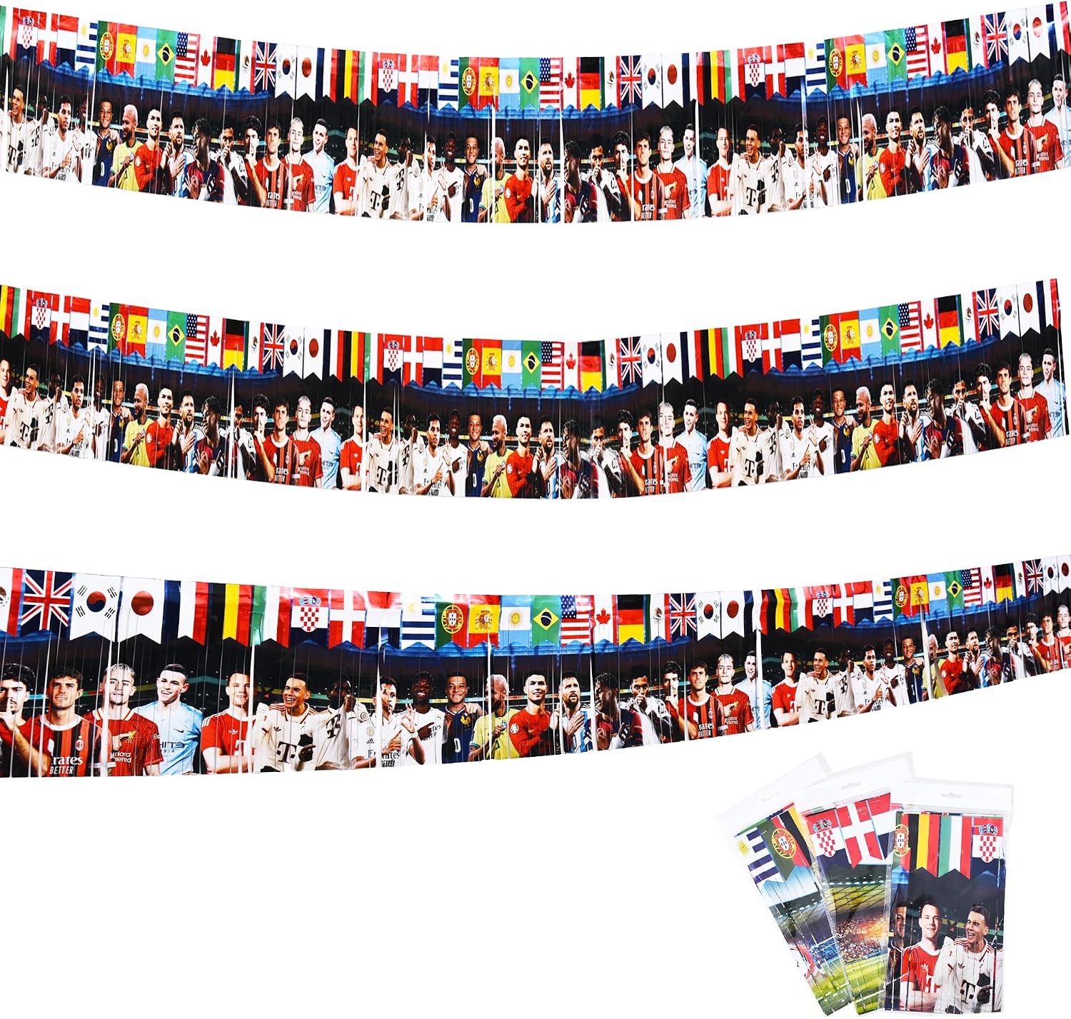 World Cup 2026 Party Metallic Fringe Banner 3 Pack 9 ft Foil Tassel Garland Decorations with Soccer Trophy & World Flags for Sports Events, Bars, Parties & Classroom Decor (Star Player Design)