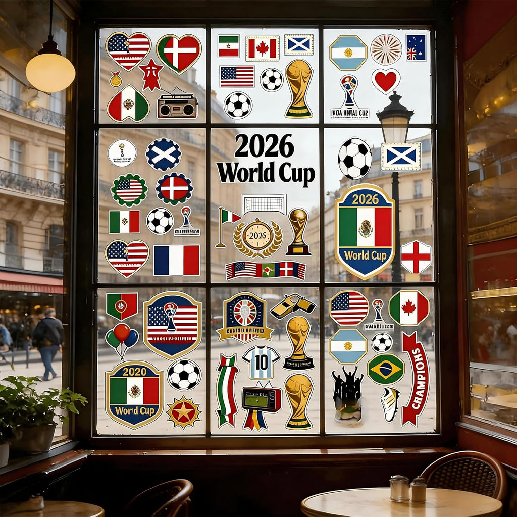 2026 World Cup Window Stickers, 9 Sheets with 69 Pieces, Double-Sided Printed, Multi-Coloured Window Decorations, Removable and Reusable Clings for Home, Office, Car