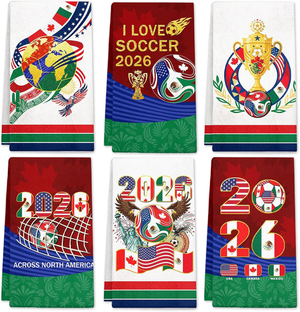 2026 World Soccer Cup Kitchen Towels 6 PCS, Red World Soccer Cup Gift Hand Towel for Fans, Kitchen Towel Set with National Flags, Football Themed Dish Towels Decor Cloth Reusable, 17 X 26In