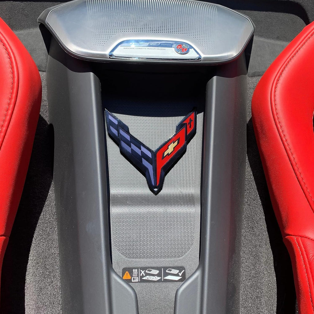 C8 Corvette Waterfall Wireless Phone Charging Bay Crossed Flag Emblem Decal - 4.5" x 4.5" Logo USA Made for 2020-2026 Corvettes (Black)