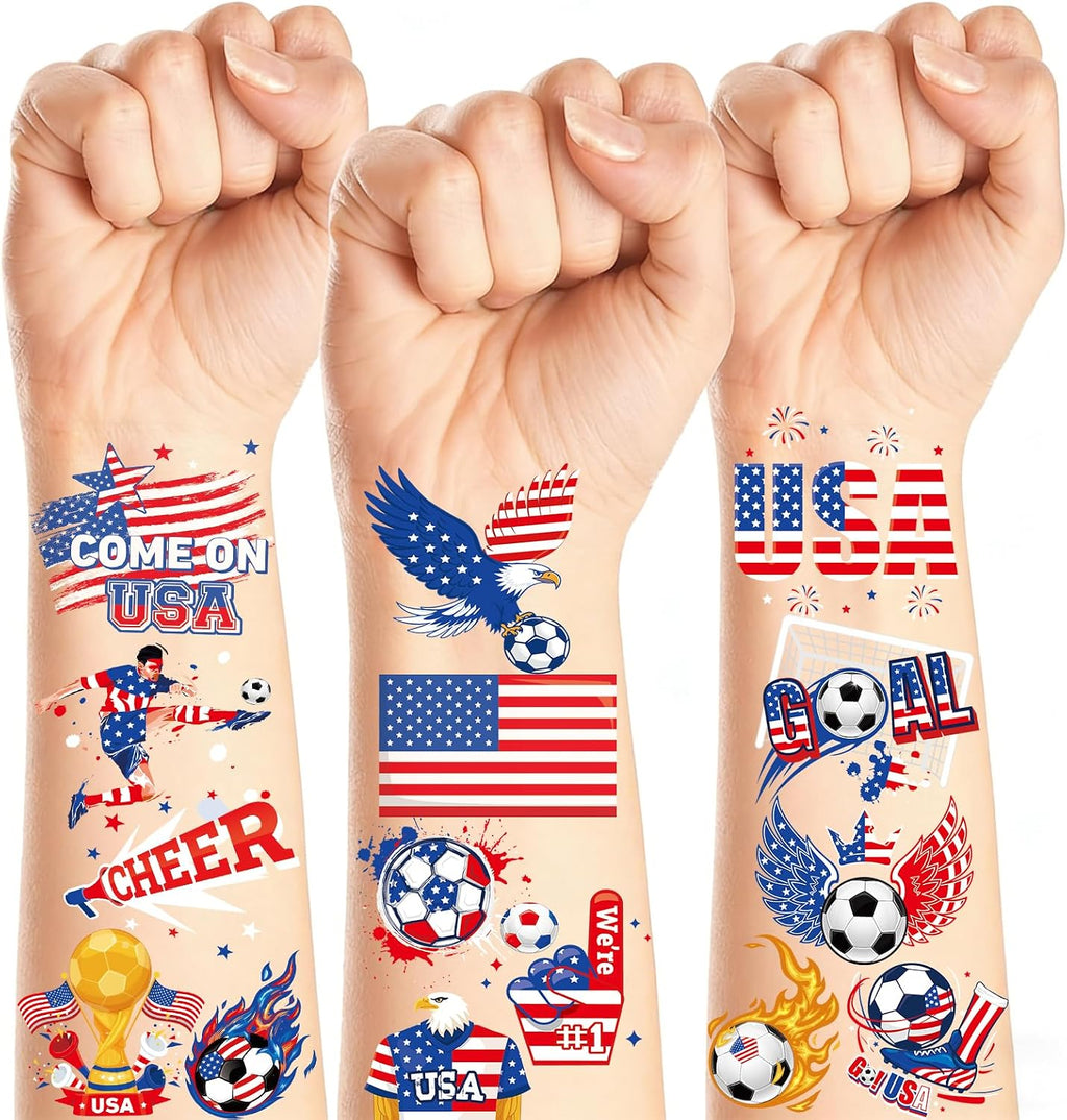DPKOW American World Soccer Temporary Tattoos Accessories, 40Pcs American Flag Temporary Tattoos World Football Party Favors Soccer Gifts, Waterproof 2026 Football Tournament Cup Tattoo Stickers
