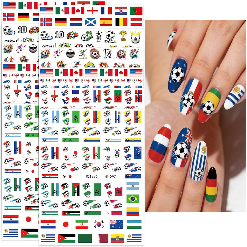 12Sheets World Cup Soccer Nail Stickers Colorful Football Sports Nail Decals Glitter Waterproof Nail Designs Competition Nails Supplies Self-Adhesive Nails Art Stickers for Women DIY Manicure