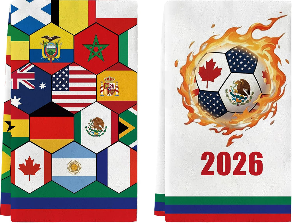 2026 World Soccer Cup Decorations Kitchen Towels Set of 2 with National Flags, 18x26 Inch World Soccer Cup Gift Hand Towel for Fans, Football Themed Dish Towels Decor