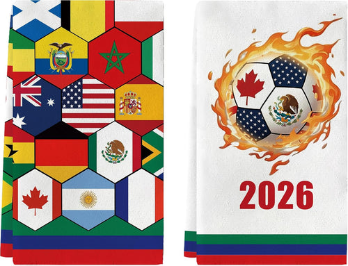 2026 World Soccer Cup Decorations Kitchen Towels Set of 2 with National Flags, 18x26 Inch World Soccer Cup Gift Hand Towel for Fans, Football Themed Dish Towels Decor