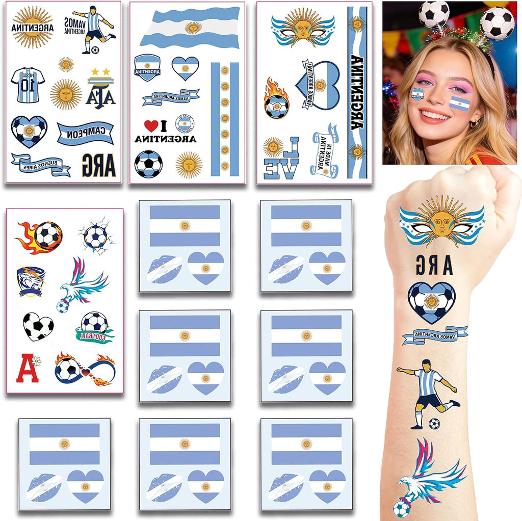Argentina Flag Temporary Tattoos for World Cup Decorations 2026 | 11 Sheets- Waterproof Face Tattoo Transfer Stickers, Ideal for Independence Day, Football Sports Events, Party Celebration