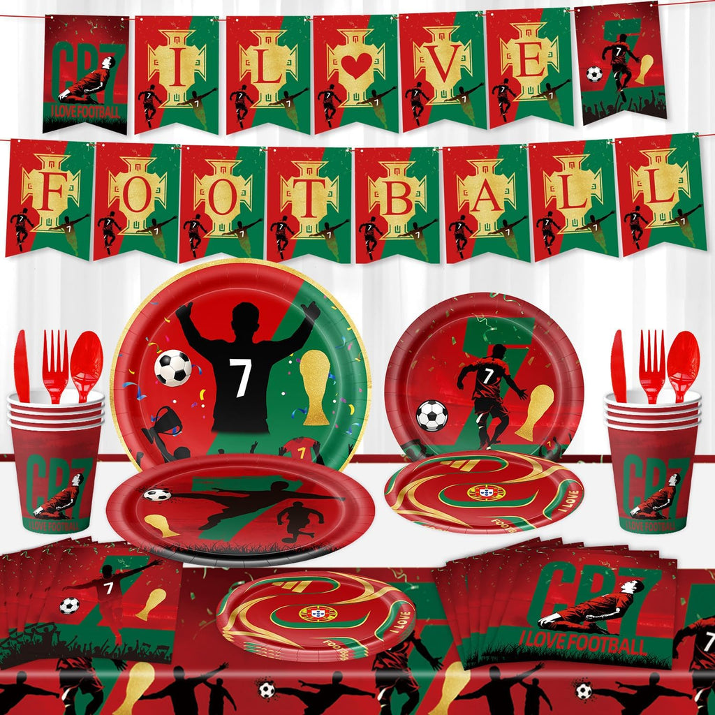 96 Pcs Cristiano Ronaldo Soccer Party Supplies, World Cup Soccer Star Disposable Tableware Set for Boys include Banner, Tablecloth, Plates, Paper Cups, Napkins, Knives, Forks, and Spoons