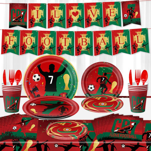 96 Pcs Cristiano Ronaldo Soccer Party Supplies, World Cup Soccer Star Disposable Tableware Set for Boys include Banner, Tablecloth, Plates, Paper Cups, Napkins, Knives, Forks, and Spoons