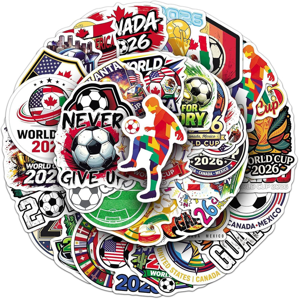 50Pcs 2026 World Cup Soccer Stickers, USA Canada Mexico Football Vinyl Decals for Water Bottles Laptops, Scrapbook, Skateboard, Suitcase, Sports Stickers for Fans, Soccer Lover Gifts