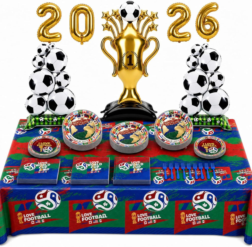 2026 World Soccer Cup Party Decorations Kit,101 PCS Soccer Party Supplies for 20 Guests, Soccer Balloons Trophy Balloon, Plates Napkins Forks and Tablecloth for Birthday, Game Day Watch Party