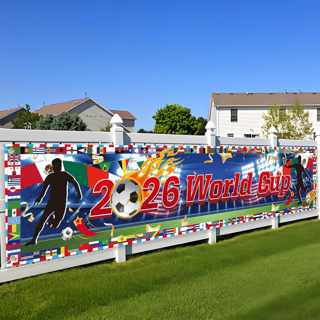 World Cup Banner for 2026 International Flags Decorations Around The World Cup Backdrop 118×20Inch World Map Trophy Photo Backdrop Cloth for Soccer Party, Bar, Home (Blue)