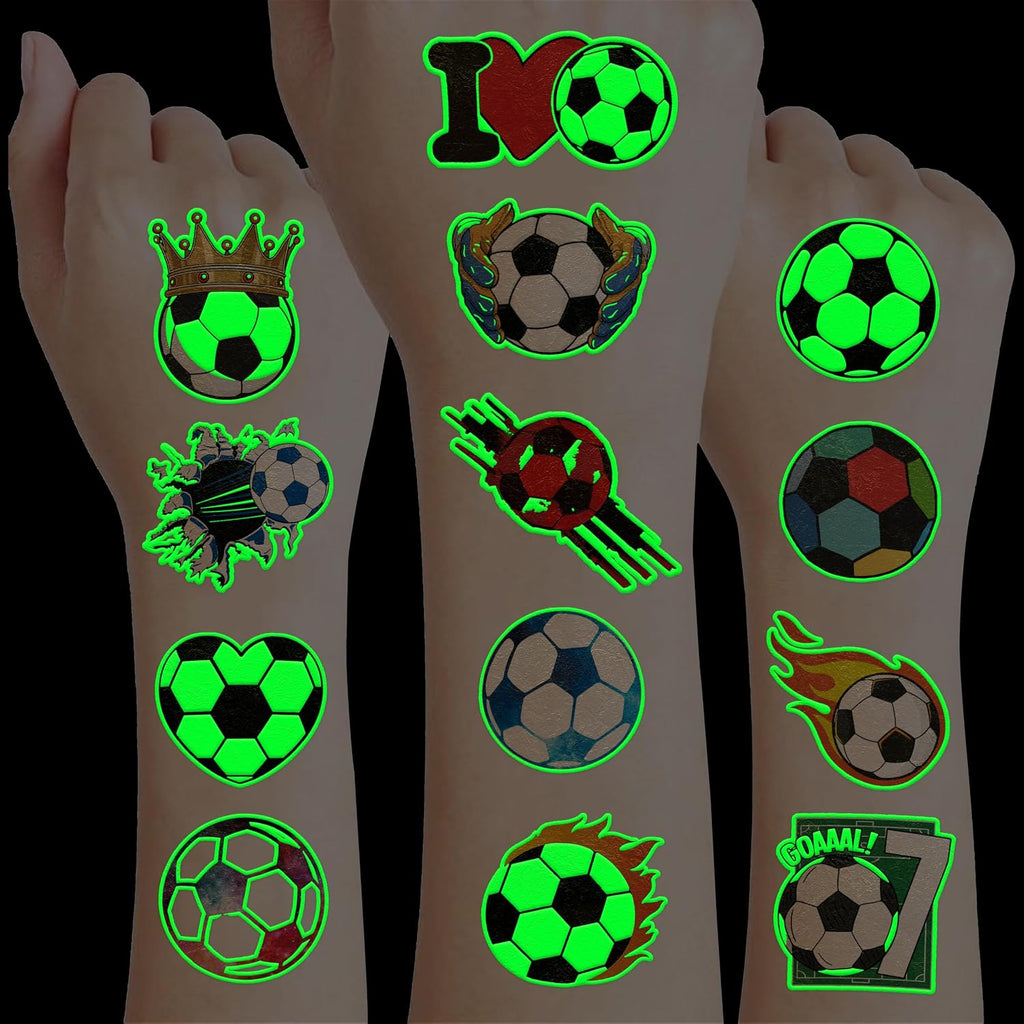 96 PCS Glow In The Dark Soccer Ball Pre-Cut Temporary Tattoos Sticker Football, Sports Themed Birthday Party Decorations Supplies Favors Europa, World Cup Cute Tattoo School Reward Game (Luminous)