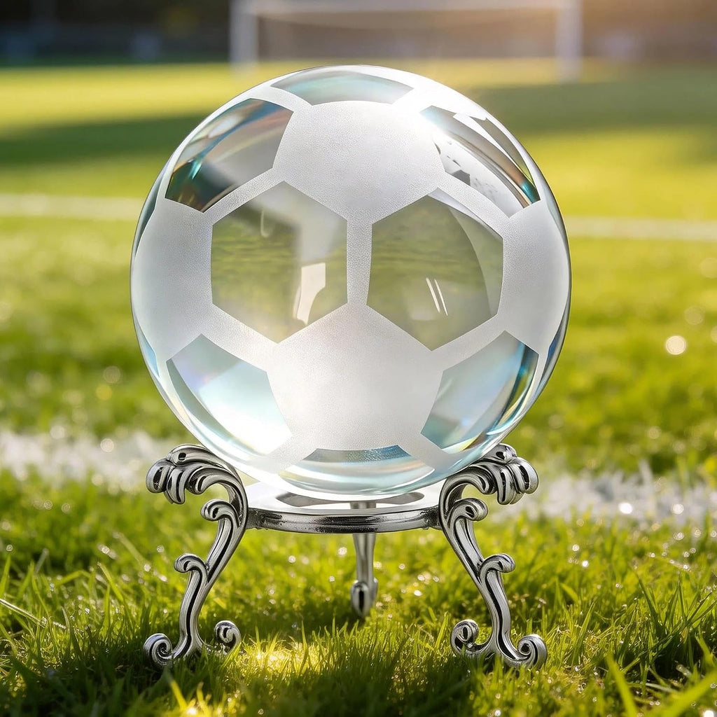 HDCRYSTALGIFTS 60mm Soccer Crystal Ball Figurines with Stand Glass Decorative Ball Sphere Football Paperweight Gift for World Cup Sport Fan Home Office Table Decor