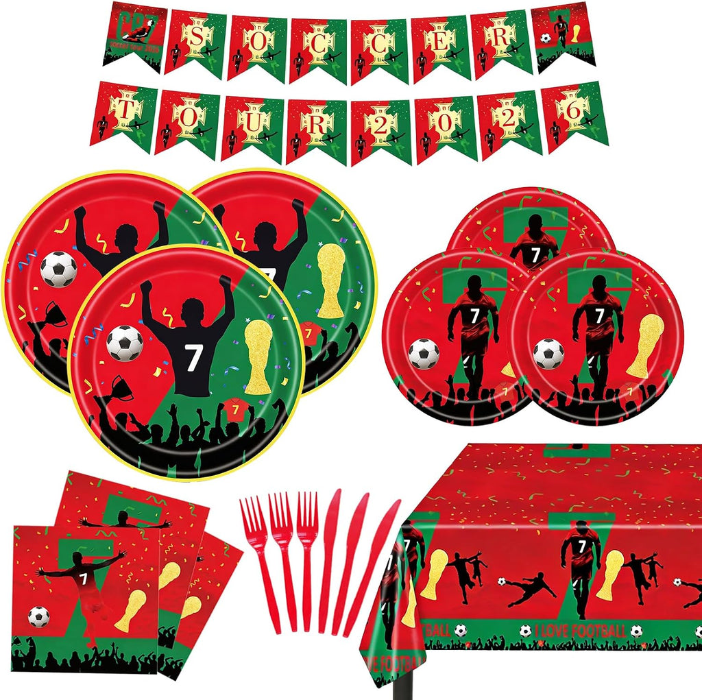 117 PCS World Cup 2026 Ronaldo Soccer Party Decorations Kit, Ronaldo Football Theme Birthday Decorations with Plates, Napkins, Knives, Forks, Tablecloth, Pennants for Game Day Supplies Serves 20