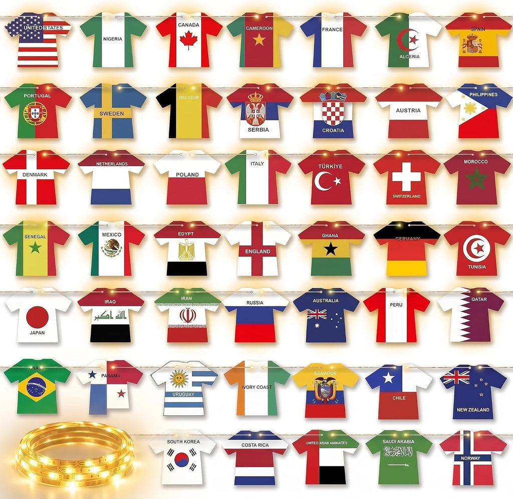 2026 World Cup Decorations with LED String Lights, 49 Countries Soccer Jersey Flag Banner Garland, Lighted Soccer Party Decorations for Watch Party, Bar, Home, Game Room, Sports Fan Decor