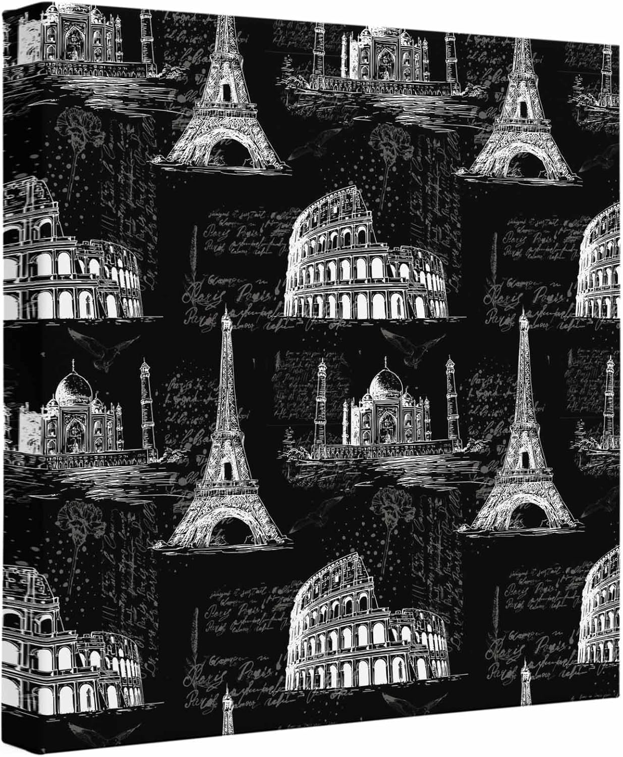 Wood Canvas Wall Art, Black Architecture Wall Decor for Bathroom Kitchen Nursery, Eiffel Tower Retro City Classical Colosseum Canvas Prints Artwork Ready to Hang Home Decor, Housewarming Gift 8''x8''