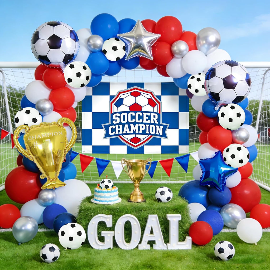 Soccer Balloon Garland Arch Kit, Red White Blue Silver and Football Print Balloons with Football Star Trophy Foil Balloon for Soccer Sports Theme Birthday Party Fans Party Decorations