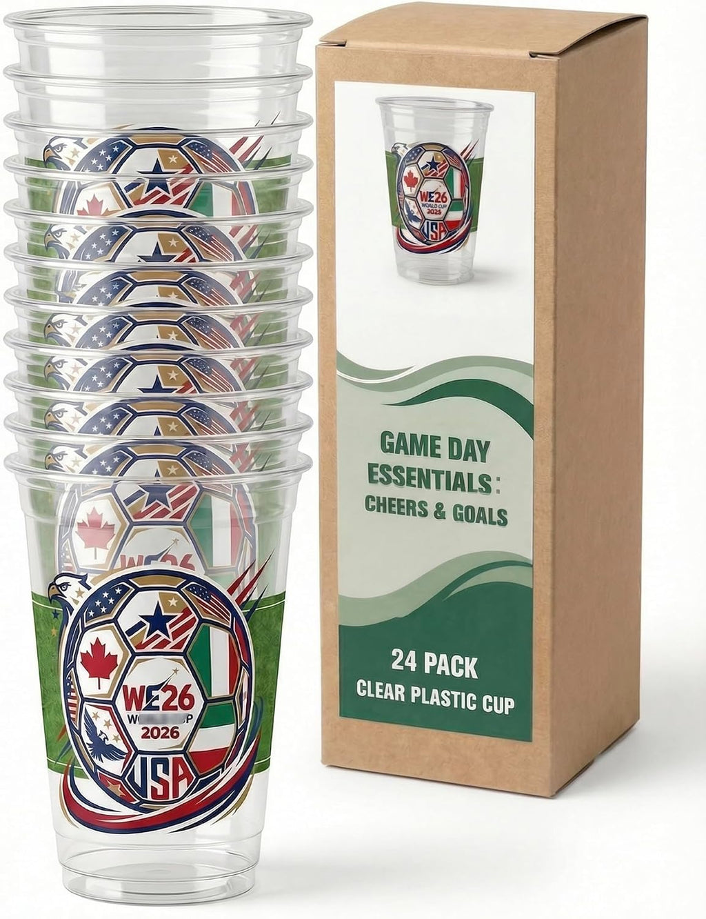 24 PCs Soccer Cups 12oz Clear Disposable Plastic Cups, 2026 World Soccer Tournament Theme Cup - Tri-Nation Soccer Ball Design, Party Supplies for Game Day Decorations, Stadium Cups