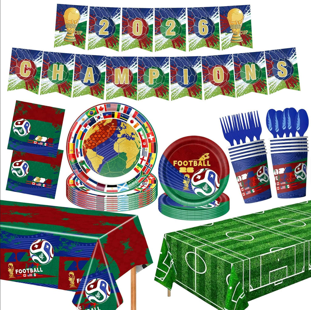 Soccer Party Supplies Kit Serve 24,172 Pcs Includes Dinner Plates, Dessert Napkins, Cups, Forks, Knives,Banner and Tablecloth for 2026 World Cup, Birthday, Gameday Decorations