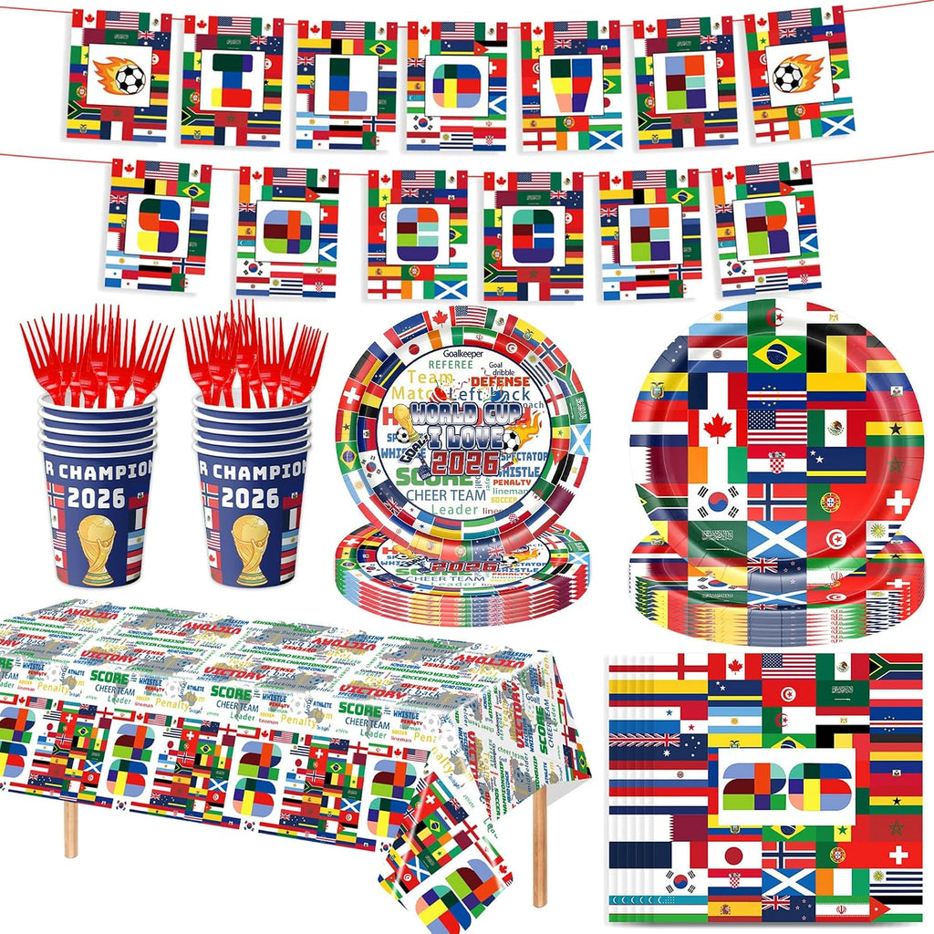 World Cup Party Supplies, International Flags Theme Party Decorations, Serves 20, 114 Pieces with Plates, Cups, Napkins, Forks, Tablecloth, Banner