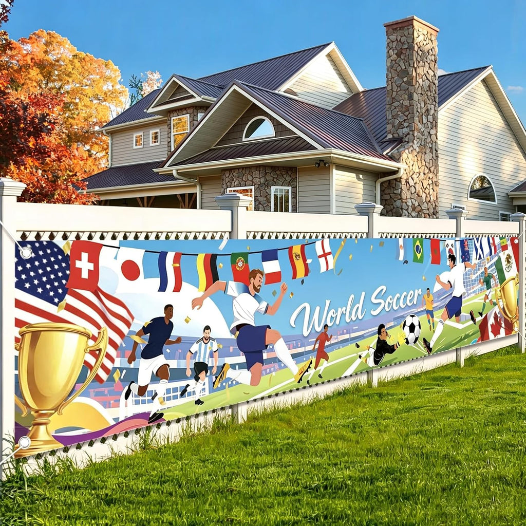 AhfuLife World Soccer Cup 2026 Backdrop Banner Flag, 9.8 x 2ft World Soccer Cup Party Decorations, Fabric Flag Banner Background for Garden Table Wall Indoor Outdoor Home