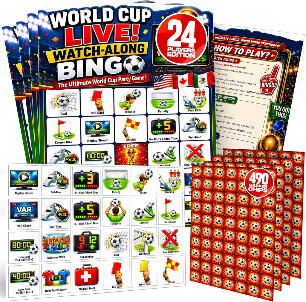 World Cup Watch-Along Bingo Game 24 Players – Soccer Party Game - Live Match Bingo Cards, 2026 World Cup Watch Party Supplies, Caller Chips & 470 Marker Chips