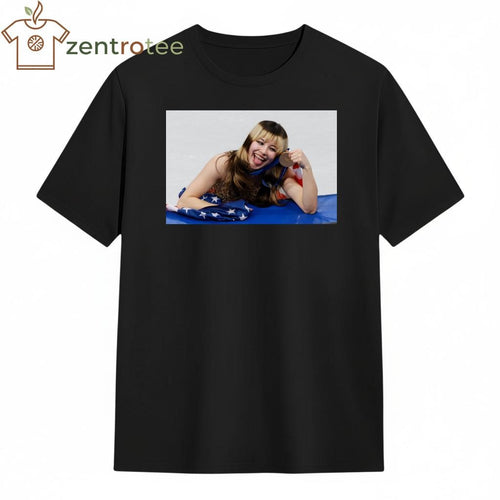 Alysa Liu stick out tongue with gold medal shirt