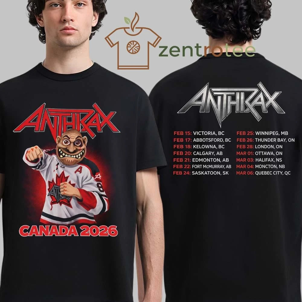 Anthrax Canada 2026 Tour Merch Tee No Man Mascot Canada Hockey Player Art Elbows Up Retro tee